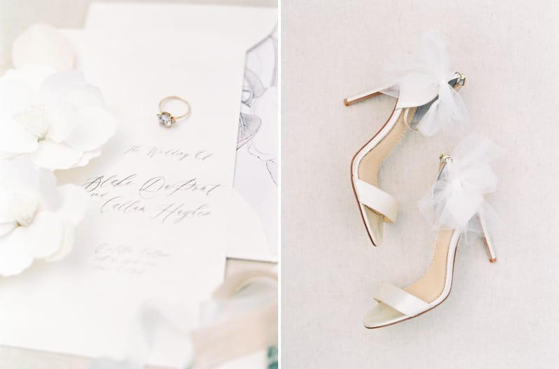 Wedding invitation, ring and bridal shoes