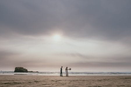 Bride and groom on beach under grey clouds - Picture by Ross Talling Photography