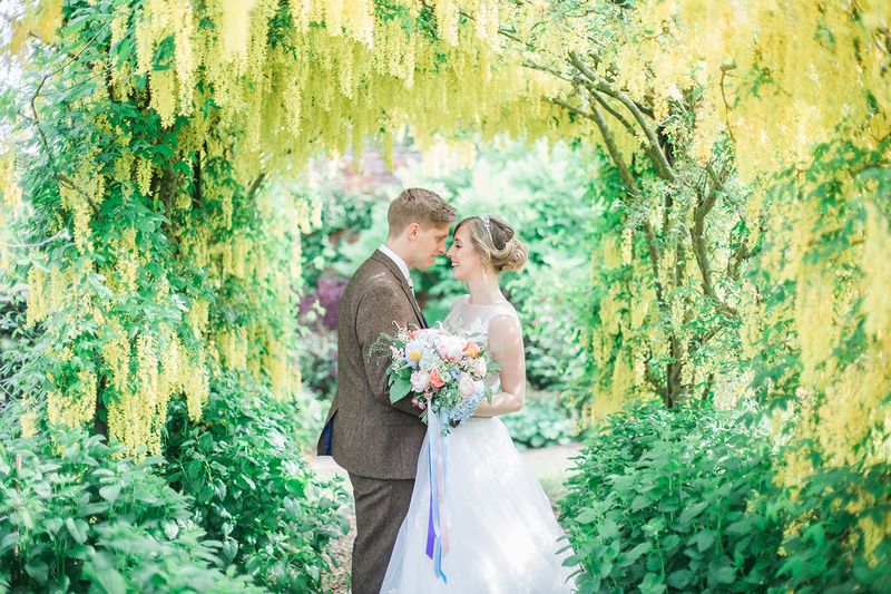 Bride and groom framed by tree branches and hanging foliage - Picture by Ella Parkinson Photography