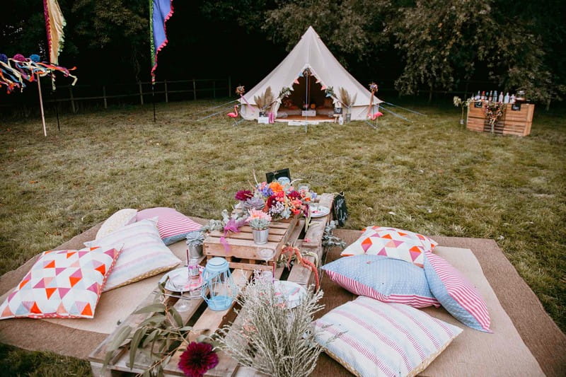 Cushion seating area and tipi for festival hen party