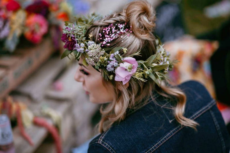 Girl at hen party with flowers in her hair