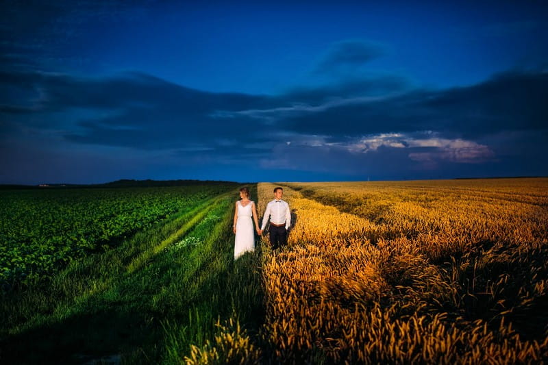 Bride standing on side of field with green grass and leaves holding hands with groom on side with golden wheat - Picture by Pollok Pictures