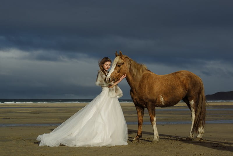 Bride standing next to horse on beach - Picture by Wild and Free Photography