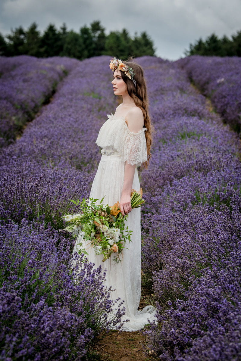 Bride side on in Cotswold Lavender Field