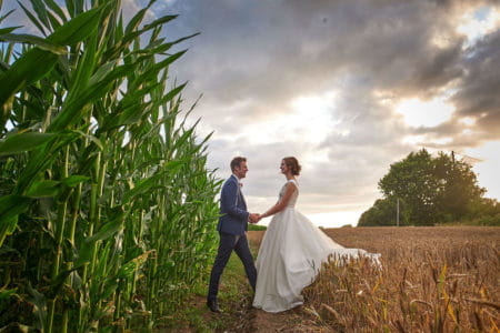 Bride and groom holding hands in corn field