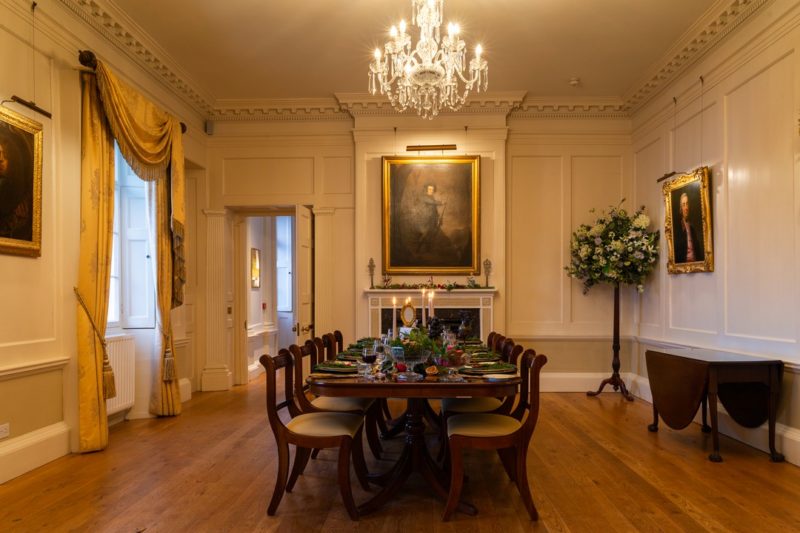Dining table in Pentillie Castle with Georgian Christmas wedding styling