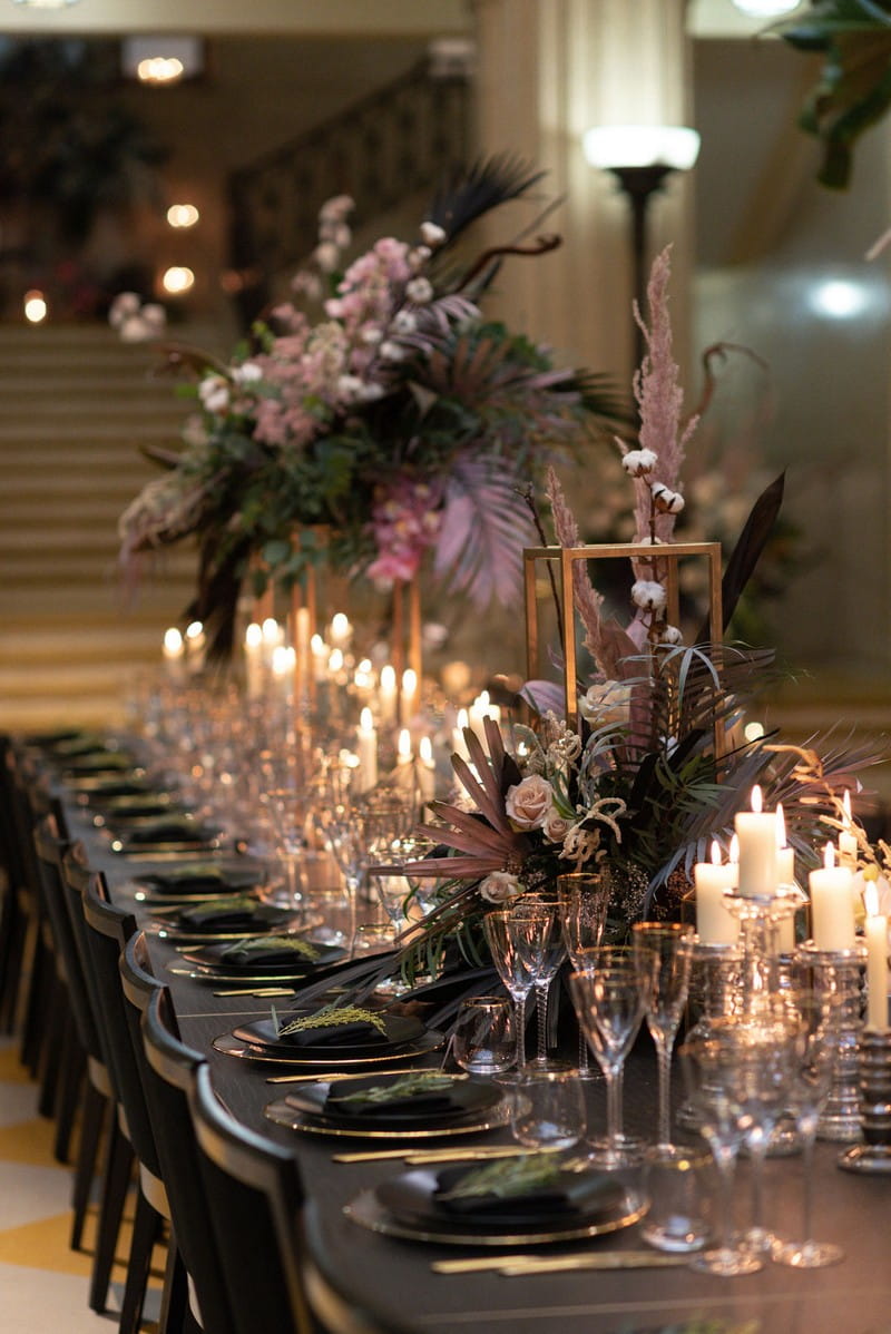 Wedding table with large floral displays