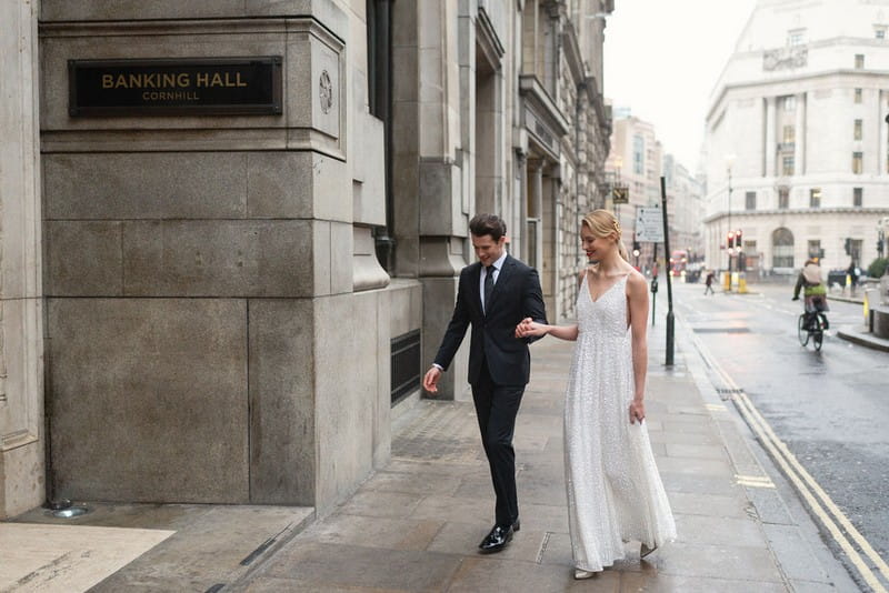 Bride and groom arriving at Banking Hall in London