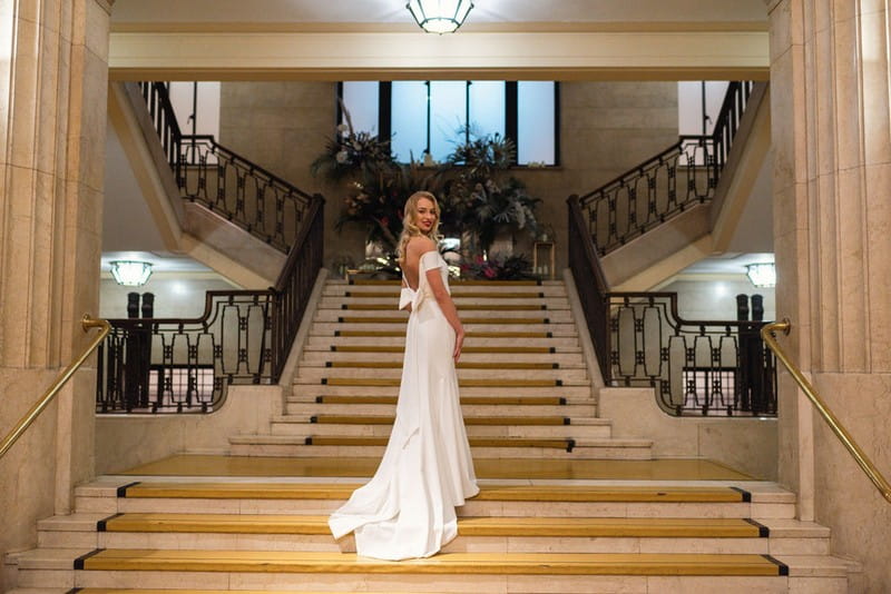 Bride on stairs of Banking Hall, London
