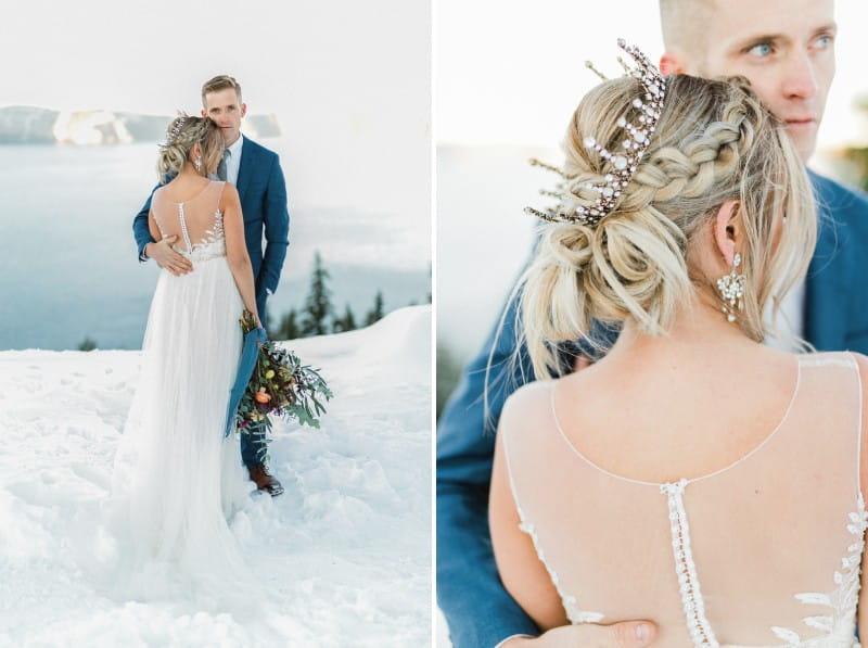 Bride with braid updo standing with groom in snow