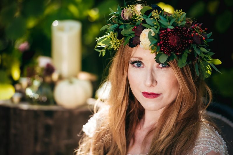 Redhead bride wearing flower crown