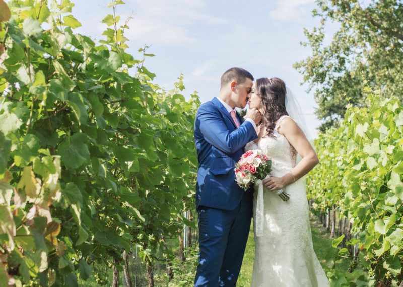Bride and groom kissing in vineyard - Picture by Rebecca Gurden Photography