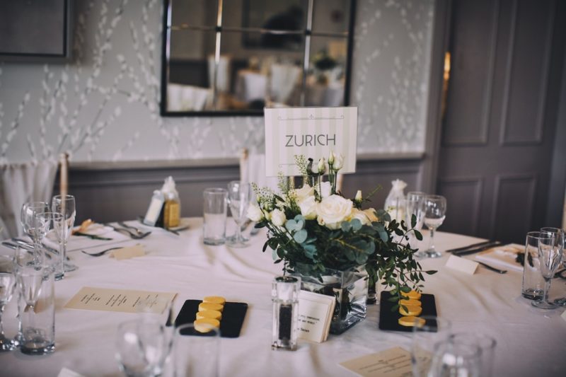 Wedding table flowers and Zurich table name card