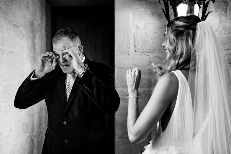 Emotional father wiping tears from his eyes after seeing daughter in her wedding dress - Picture by Richard Skins Photography