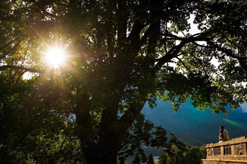 Bride and groom on balcony looking at sun shining through trees - Picture by Victor Duduca