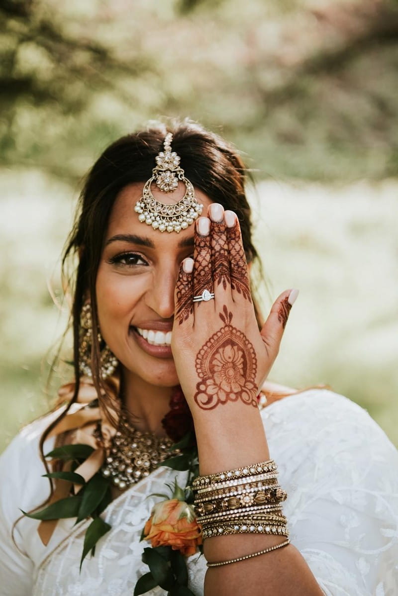 Bride holding up hand to show Mehndi - Picture by Rosie Kelly Photography